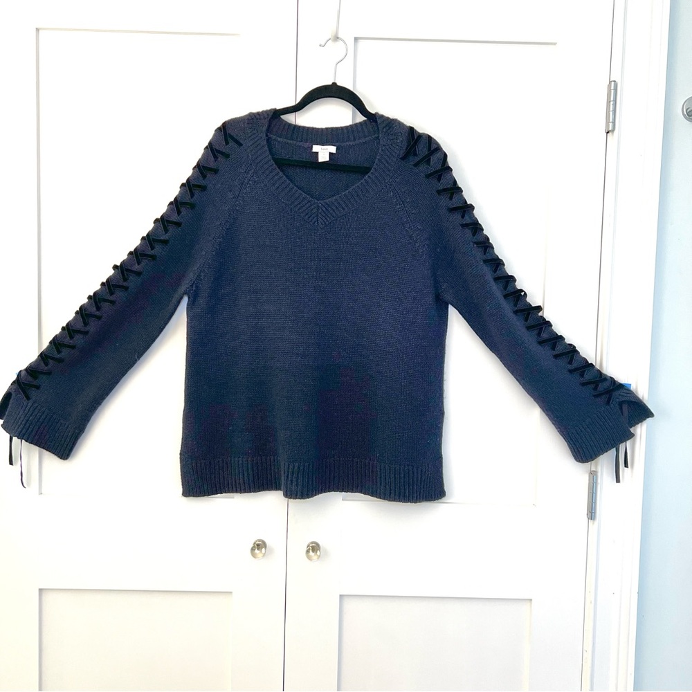 Lewit Navy V-neck Cashmere Blend Sweater with velvet ribbon lacing on sleeves.